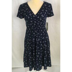No Boundaries Baby Doll Dress Sz S Navy Blue w Pink Purple Flowers V neck New